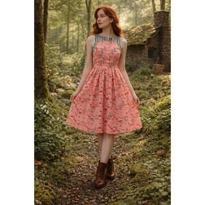 Unique Vintage Pink Mushroom Print Gingham Midi Dress Sz S Retro Cottagecore